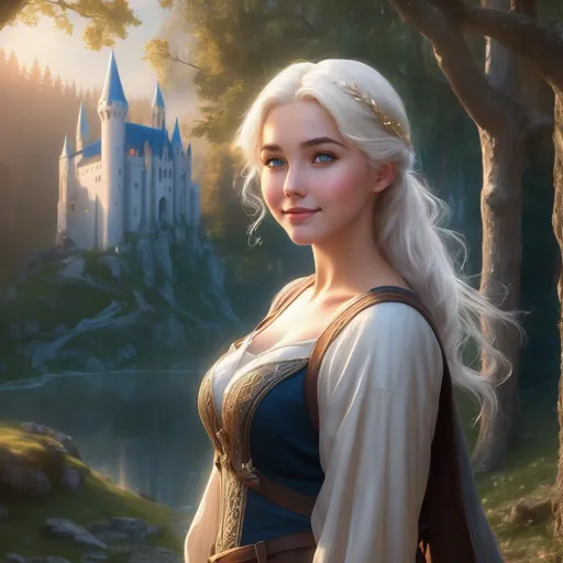 Prompt: realistic curvy  magical wizard woman, short Messy hair, bright white blonde hair, cute and friendly smile, blue eyes, standing tall in a mystical forest, dimples and freckles, shy, innocent, angelic aura, medieval castle in the background, highres, ultra-detailed, fantasy, magical, mystical forest, cute and friendly, detailed eyes, medieval castle, atmospheric lighting