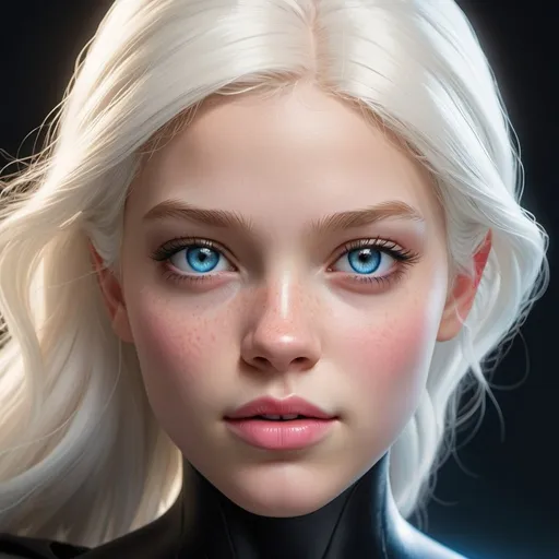 Prompt: High resolution, exceptional detail, high quality, Photorealistic. In a neon-lit future, a teenage superheroine of 18 years, embodying both innocence and strength, stands out with her albino-like features: her skin is a luminous bright white, complemented by radiant white hair and striking vibrant blue eyes. She wears a sleek black leotard adorned with illuminated technical accents that highlight her abs, female curves, and the nuances of her physique. Her ensemble is completed by a flowing black cape and stylish knee-high boots with heels, blending elegance with combat readiness. Her attire is a testament to her strength and warmth. Pay special attention to her face—it must be rendered with utmost detail, capturing the kindness in her vibrant blue eyes, the softness of her vibrant pink lips, the playful charm of her dimples, and the delicate scattering of freckles. Her face is a critical focal point, reflecting her adorable, sweet, and friendly nature. Emphasize the illuminated details of her outfit and the powerful yet approachable essence of her character, ensuring her facial expressions and features are depicted with exceptional clarity and realism.