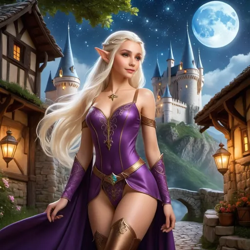 Prompt: In a secluded corner of a medieval fantasy village, where cobblestone streets lead to an imposing castle under the watchful gaze of ancient stars, there lives a young female Elf wizard. Her appearance is a delightful blend of contrasts: pale skin dotted with cute freckles and dimples that play at the corners of her lips with every mysterious smile. Her body, curvy and full, defies the traditional elven silhouette, adding to her unique charm.

Her hair, intense purple, cascades around her shoulders, setting her apart in a crowd and hinting at the potent magic that courses through her veins. This young elf is clad in a skintight leotard that hugs her form, a testament to her confidence and a symbol of her magical prowess. The leotard, enchanting in its simplicity, seems to be an extension of herself, moving with grace and fluidity.

Adorning her legs are tight thigh-high boots, perfectly fitted, that speak of adventure and the many paths she has trodden, both in this realm and beyond. They are not just footwear but a part of her story, each step resonating with the power of her spells and the depth of her knowledge.

Over her shoulders, a sparkling magical cape flows, capturing the luminescence of the cosmos. This cape, alive with the glow of countless stars, not only serves as a protective mantle but also as a beacon of her connection to the celestial energies, weaving the fabric of her spells with the threads of stardust.

Set against the backdrop of a quaint village with its medieval charm and the distant silhouette of a castle, this Elf wizard embarks on her journey. Her presence blends the mystique of ancient magics with the vibrancy of life, inviting those she meets to glimpse a world where magic is as real as the ground underfoot and as mysterious as the smile that plays upon her lips.
