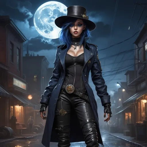 Prompt: Anime illustration of A mysterious woman with navy blue hair on a cyberpunk and steam punk scene. She is wearing a black fedora hat, a long black leather trenchcoat with a marshal star,  blue with black t-shirt, black cargo pants and black tactical boots. She is armed with a warhammer. Empty western town at midnight with lightnings striking down around her, dramatic lighting, full moon. Highres, masterpiece, detailed face, detailed hair, detailed eyes, detailed body.