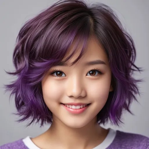 Prompt: Envision a high-resolution, photorealistic portrait of a breathtakingly cute, petite, and sweet Japanese teenage girl, framed to ensure her entire head and the playful mix of purple and violet in her short, messy hair are fully captured, without any part being cropped out. Her eyes, a deep and warm brown, sparkle with a soulful depth, mirroring a world of curiosity and innocence. Her lips, fuller and softly tinted, curve into a friendly and cute smile that lights up her face, embodying an angelic aura and loveliness. This smile, genuine and warm, seems to radiate comfort and coziness, making anyone who sees her feel a surge of happiness and forget the troubles of the world. The portrait should not only focus on her physical attributes but also capture the essence of her comforting presence, as if her smile and the sparkle in her eyes could warm the heart and soul, making her truly unforgettable and a beacon of pure, innocent joy.