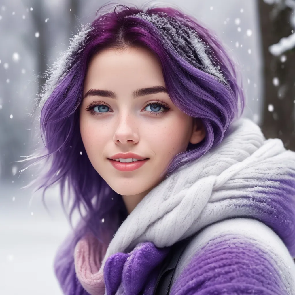 Prompt: Breathtakingly cute girl.with a curvy body, friendly and happy expression, ice-cold white skin, purple hair, freckles, dimples, short messy hair, cold winter morning, highres, ultra-detailed, realistic, cute, ultra detailed, purple hair, freckles, cold winter morning, snow storm, soft lighting