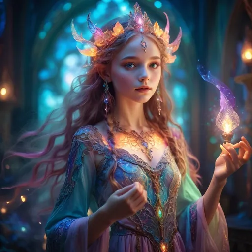 Prompt: Young girl in a fantasy setting, petite body, magical elements, ethereal atmosphere, vibrant and mystical color palette, whimsical fantasy style, detailed facial features, glowing magical effects, flowing and ornate fantasy attire, high quality, fantasy, ethereal, magical elements, whimsical, vibrant colors, detailed facial features, glowing effects, ornate attire, atmospheric lighting