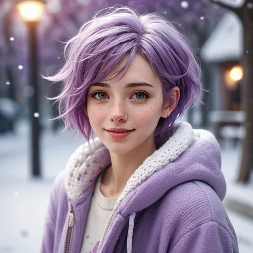 Prompt: Full body. Breathtakingly cute skinny girl, friendly and happy expression, ice-cold white skin, purple hair, freckles, dimples, short messy hair, cold winter morning, highres, ultra-detailed, realistic, cute, ultra detailed, purple hair, freckles, cold, skin-tight, winter morning, soft lighting