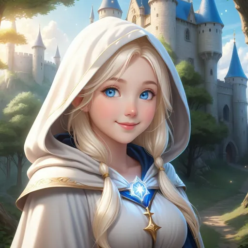 Prompt: Hyper realistic Anime illustration of a curvy young magical wizard girl, bright white blonde hair, hooded, cute and friendly smile, blue eyes, standing tall in a mystical forest, dimples and freckles, shy, innocent, angelic aura, medieval castle in the background, highres, ultra-detailed, anime, fantasy, magical, mystical forest, cute and friendly, detailed eyes, shy and innocent, angelic aura, medieval castle, atmospheric lighting