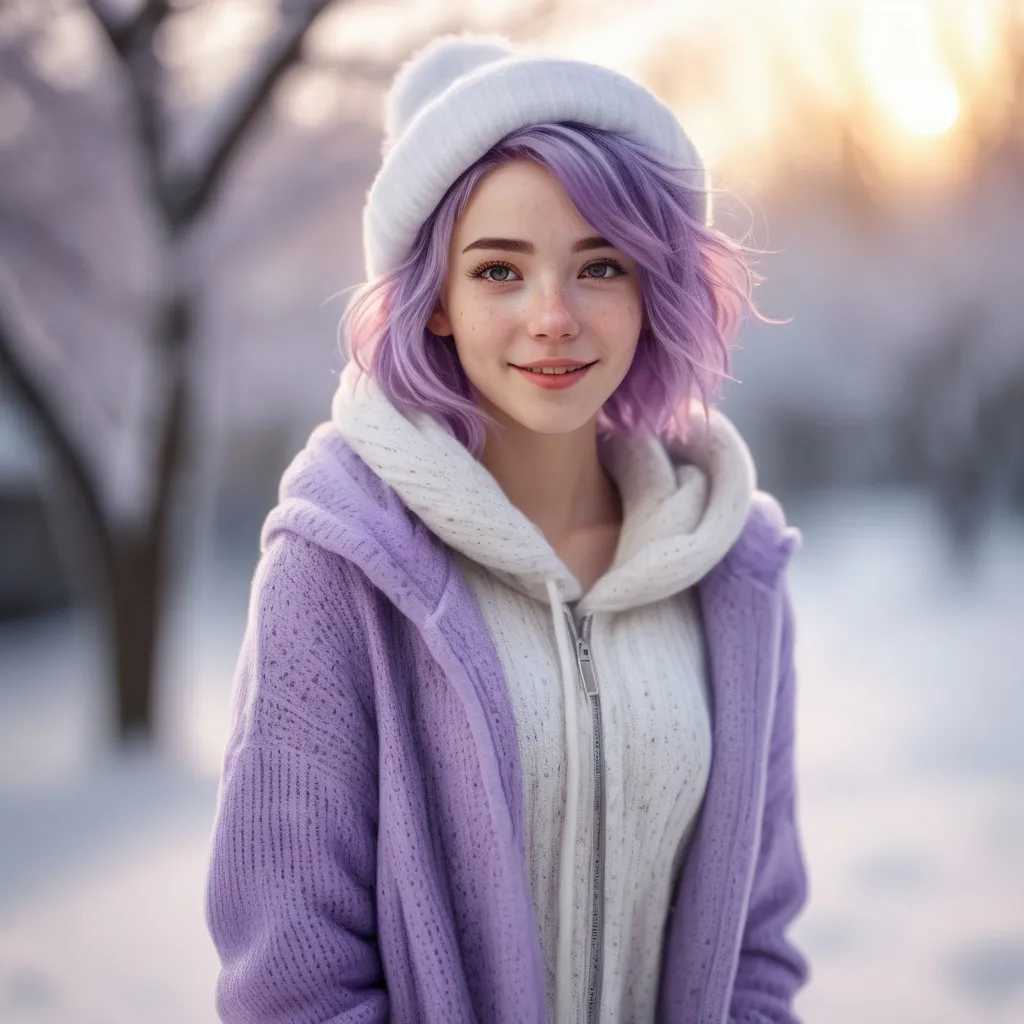 Prompt: Full body. Breathtakingly cute skinny girl, friendly and happy expression, ice-cold white skin, purple hair, freckles, dimples, short messy hair, cold winter morning, highres, ultra-detailed, realistic, cute, ultra detailed, purple hair, freckles, cold, skin-tight, winter morning, soft lighting