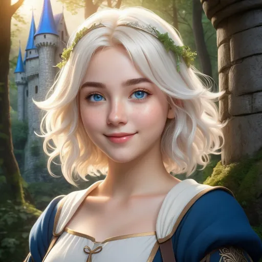 Prompt: Hyper realistic Anime illustration of a curvy young magical wizard girl, short Messy hair, bright white blonde hair, cute and friendly smile, blue eyes, standing tall in a mystical forest, dimples and freckles, shy, innocent, angelic aura, medieval castle in the background, highres, ultra-detailed, anime, fantasy, magical, mystical forest, cute and friendly, detailed eyes, shy and innocent, angelic aura, medieval castle, atmospheric lighting