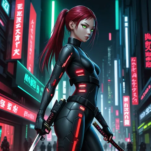 Prompt: hyperrealistic image of a Young Asian ninja woman, ruby red hair, green eyes, very skinny, narrow, slender, petite, wearing a tight form-fitting black catsuit, ready to engage posture in an illuminated city center at midnight, armed with a katana, wearing a tactical utility belt. Science fiction cyberpunk scenario. highres, 8k, masterpiece, detailed face, detailed hair, detailed eyes, detailed body, perfect anatomy