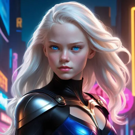 Prompt: High resolution, exceptional detail, ultra-high quality, Photorealistic. Set against the backdrop of a neon-lit future, an 18-year-old teenage superheroine radiates both innocence and formidable strength. Her albino-like visage—bright white skin, radiant white hair, and striking, vibrant blue eyes—stands in sharp contrast to her environment. She is clad in a sleek black leotard, intricately adorned with illuminated technical accents that meticulously highlight her abs, female curves, and the subtle nuances of her form. The leotard is emblazoned with Thor's hammer as her logo, a testament to her unyielding strength and valor. Completing her ensemble is a flowing black cape and stylish knee-high boots with heels, which marry elegance with combat readiness. Her attire not only speaks to her power and warmth but also to her readiness to face any challenge.

Exceptional attention is demanded for her face, where the highest level of realism is crucial. Her facial features—captivating vibrant blue eyes, soft vibrant pink lips, playful dimples, and a delicate dusting of freckles—must be rendered with unparalleled clarity and lifelike detail. These features together mirror her sweet, friendly nature and her indomitable spirit. This detailed attention extends to the illuminated aspects of her outfit, underscoring the approachable yet formidable essence of her character. The rendering should achieve a level of realism that brings her to life, ensuring that her expressions and features resonate with vivid detail and authenticity.