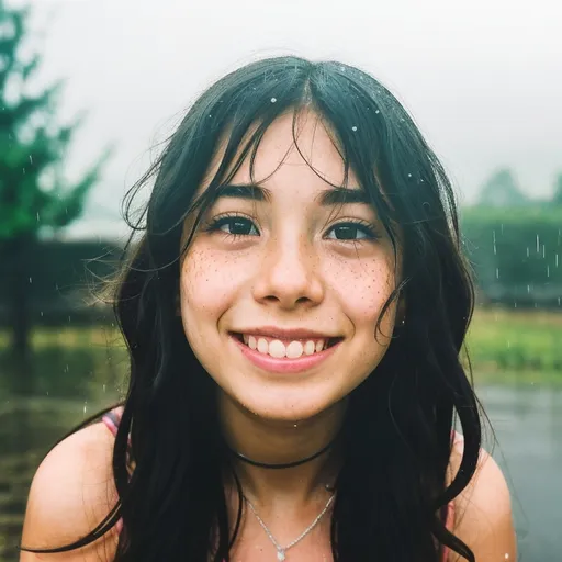 Prompt: Imagine a scene where the essence of summer is captured in a single, electrifying moment: a young girl, whose beauty transcends the mundane, stands amidst a gentle summer rain. Her hair, a vibrant shade of ruby, short and playfully unkempt, clings to her face and shoulders, soaked by the rain. Each raindrop traces a path down her skin, a testament to the purity and freshness of the moment. Freckles dot her cheeks like a constellation, and her dimples carve deep into her cheeks as she smiles, a smile so radiant it seems to rival the sun itself. This image of joy and serenity, set against the backdrop of a warm summer shower, captures a moment of blissful happiness, untouched and unfettered by the world around her. Her eyes sparkle with delight, and her presence is a vivid reminder of the beauty found in simplicity and the pure joy of living in the moment.