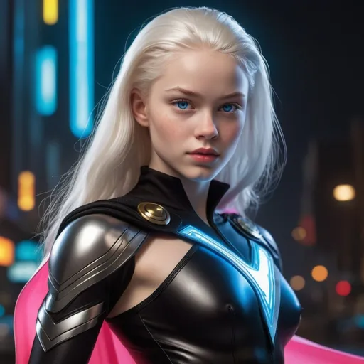 Prompt: High resolution, exceptional detail, ultra-high quality, Photorealistic. Set against the backdrop of a neon-lit future, an 18-year-old teenage superheroine radiates both innocence and formidable strength. Her albino-like visage—bright white skin, radiant white hair, and striking, vibrant blue eyes—stands in sharp contrast to her environment. She is clad in a sleek black leotard, intricately adorned with illuminated technical accents that meticulously highlight her abs, female curves, and the subtle nuances of her form. The leotard is emblazoned with Thor's hammer as her logo, a testament to her unyielding strength and valor. Completing her ensemble is a flowing black cape and stylish knee-high boots with heels, which marry elegance with combat readiness. Her attire not only speaks to her power and warmth but also to her readiness to face any challenge.

Exceptional attention is demanded for her face, where the highest level of realism is crucial. Her facial features—captivating vibrant blue eyes, soft vibrant pink lips, playful dimples, and a delicate dusting of freckles—must be rendered with unparalleled clarity and lifelike detail. These features together mirror her sweet, friendly nature and her indomitable spirit. This detailed attention extends to the illuminated aspects of her outfit, underscoring the approachable yet formidable essence of her character. The rendering should achieve a level of realism that brings her to life, ensuring that her expressions and features resonate with vivid detail and authenticity.