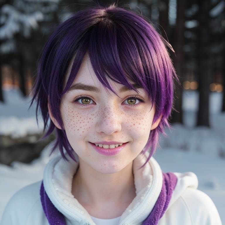 Prompt: Full body. Breathtakingly cute anime illustration of a skinny girl, friendly and happy expression, ice-cold white skin, purple hair, freckles, dimples, short messy hair, cold winter morning, highres, ultra-detailed, anime, cute, liquid material, purple hair, freckles, cold, skin-tight, winter morning, soft lighting