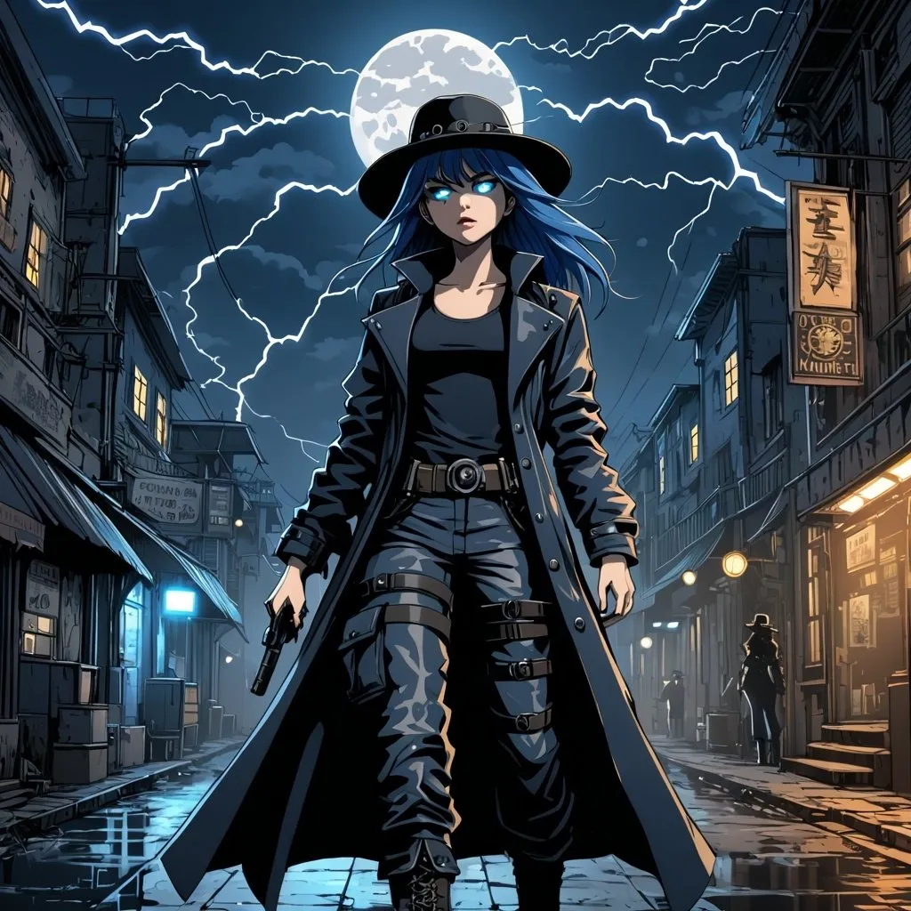 Prompt: Anime illustration of A mysterious woman with navy blue hair on a cyberpunk and steam punk scene. She is wearing a black fedora hat, a long black leather trenchcoat with a marshal star,  blue with black t-shirt, black cargo pants and black tactical boots. She is armed with a hellebarde. Empty western town at midnight with lightnings striking down around her, dramatic lighting, full moon. Highres, masterpiece, detailed face, detailed hair, detailed eyes, detailed body.