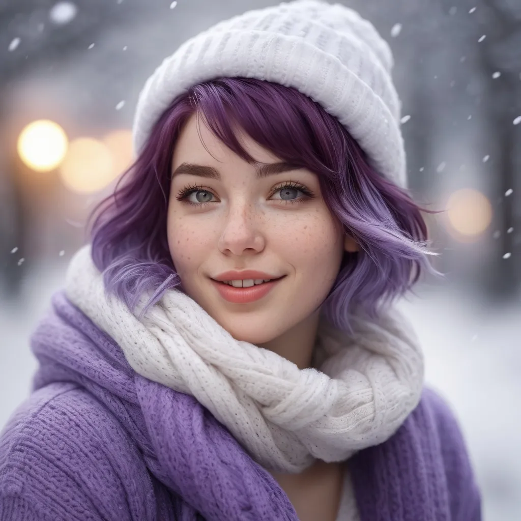 Prompt: Breathtakingly cute girl.with a curvy body, friendly and happy expression, ice-cold white skin, purple hair, freckles, dimples, short messy hair, cold winter morning, highres, ultra-detailed, realistic, cute, ultra detailed, purple hair, freckles, cold winter morning, snow storm, soft lighting