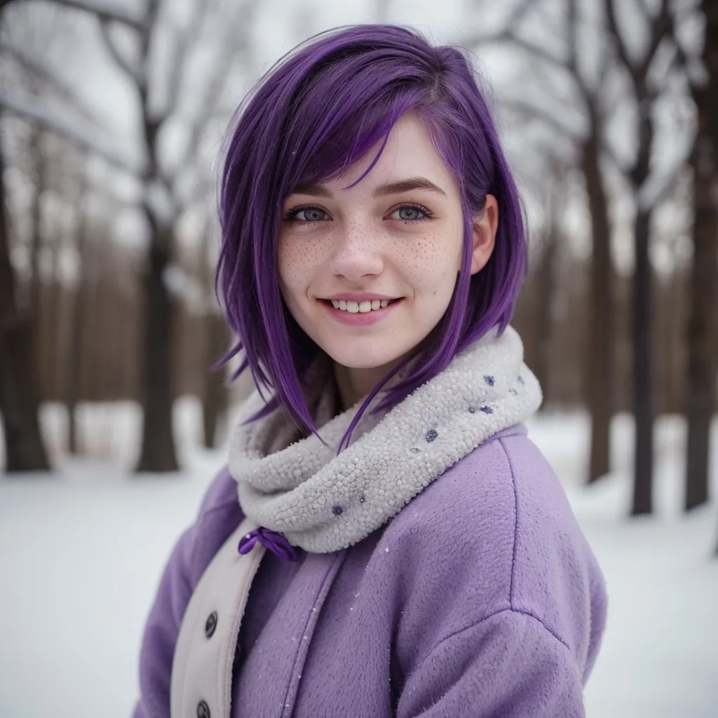 Prompt: Full body. Breathtakingly cute skinny girl, friendly and happy expression, ice-cold white skin, purple hair, freckles, dimples, short messy hair, cold winter morning, highres, ultra-detailed, realistic, cute, ultra detailed, purple hair, freckles, cold, skin-tight, winter morning, soft lighting