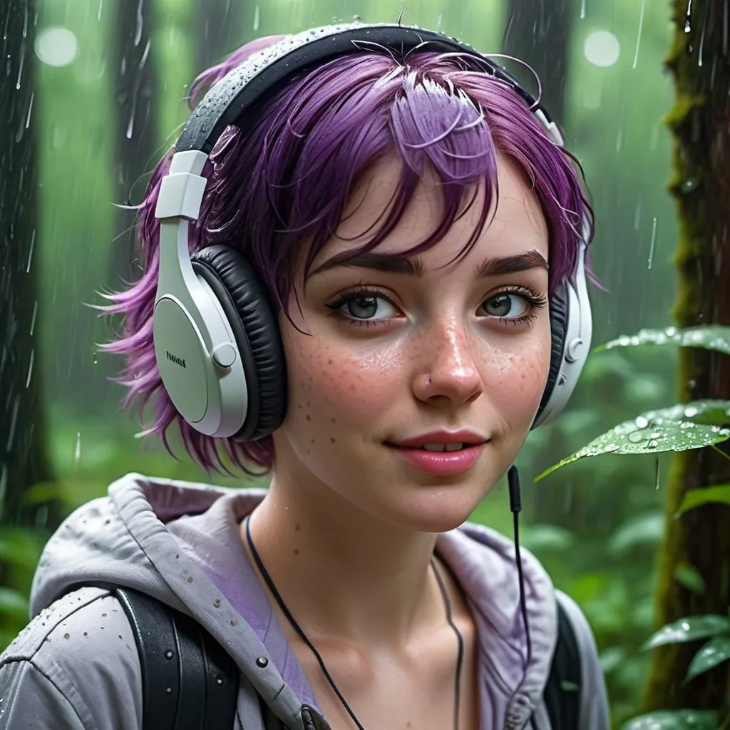 Prompt: Breathtakingly cute girl.with a curvy body, friendly and happy expression, pale freckles skin , purple hair, freckles, dimples, short messy hair, heavy rain, in forest, highres, ultra-detailed, realistic, cute, ultra detailed, purple hair, freckles. Wearing headphones. Listening to heavy metal music, pouring rain, no umbrella, wet, soft lighting