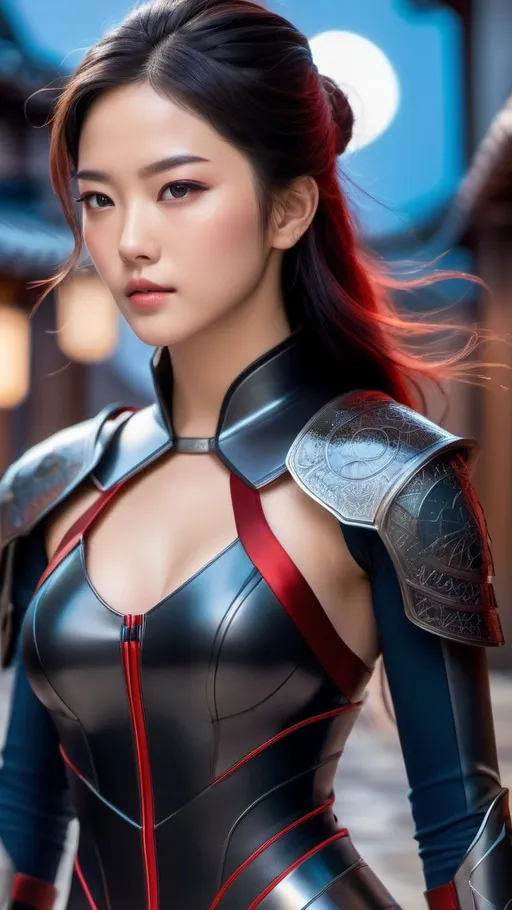 Prompt: Standing amidst the backdrop of an ancient Japanese town, there is a young warrior, her figure a testament to the fusion of eras. She is of medium height, with a lithe and athletic build that speaks of rigorous training and inherent agility. Her skin is fair, a canvas marked by a constellation of delicate freckles, especially noticeable across her cheeks and the bridge of her nose. Her eyes, sharp and observant, gleam with a determination that belies her youth, the color a striking contrast against her complexion.

Her attire is a marvel of futuristic design: a skintight matte black catsuit that adheres to her form like a second skin, allowing for maximum mobility while offering an aesthetic of sleek efficiency. Over the catsuit, she wears armor plates of a dark gray, almost blending seamlessly with the black but for their subtle metallic sheen. These plates are not just protective; they are embedded with advanced technology, evidenced by the soft, pulsating glow of blue and red lights that outline the edges of the armor, providing a visual indicator of their high-tech nature.

Her hair is as black as the night sky, long and straight, cascading down her back and occasionally catching the light in a way that lends a soft sheen to its ebony strands. In stark contrast to the advanced technology that adorns her, she holds a traditional Katana. The blade, while seemingly simple, is perfectly balanced and razor-sharp, its hilt wrapped in the classic style but with a subtle gleam that suggests a blend of traditional craftsmanship and futuristic materials.

This warrior stands as a bridge between the ancient and the futuristic, her every detail from the freckles on her face to the glow of her armor telling a story of heritage, discipline, and a forward-looking resolve. She embodies the spirit of a guardian, one who honors the past while boldly facing the challenges of the future.