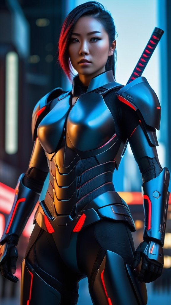 Prompt: Futuristic Japanese female warrior in photorealism, showcased with her body fully visible, standing proud, advanced sci-fi scene, detailed matte black armor with technical enhancements lighting blue and red, high quality, photorealism, futuristic, Japanese warrior,armed with a traditional Katana, female, advanced technology, detailed scene, sci-fi, distant future, warrior, detailed facial features, atmospheric lighting, cybernetic enhancements, intricate details, futuristic cityscape, photorealistic rendering, intense and focused gaze, high-tech weaponry