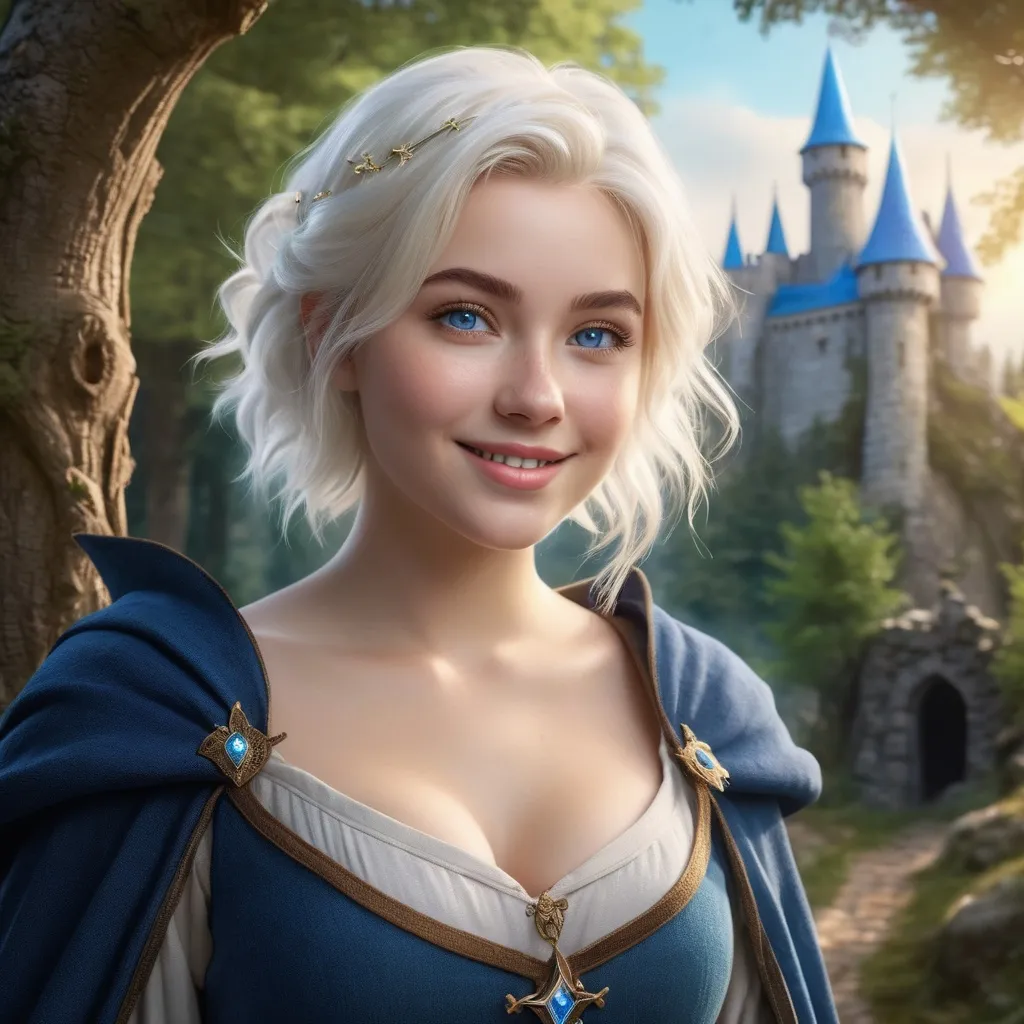 Prompt: realistic curvy  magical wizard woman, short Messy hair, bright white blonde hair, cute and friendly smile, blue eyes, standing tall in a mystical forest, dimples and freckles, shy, innocent, angelic aura, medieval castle in the background, highres, ultra-detailed, fantasy, magical, mystical forest, cute and friendly, detailed eyes, medieval castle, atmospheric lighting