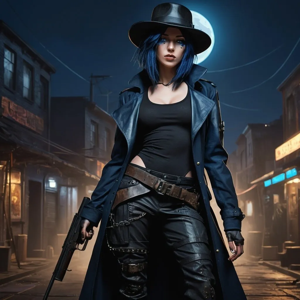 Prompt: Anime illustration of A mysterious woman with navy blue hair on a cyberpunk and steam punk scene. She is wearing a black fedora hat, a long black leather trenchcoat with a marshal star,  blue with black t-shirt, black cargo pants and black tactical boots. She is armed with a shotgun. Empty western town at midnight, dramatic lighting. Highres, masterpiece, detailed face, detailed hair, detailed eyes, detailed body.