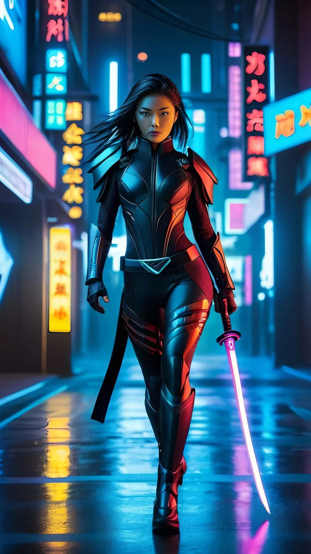 Prompt: full body.
Imagine a scene set in the neon-lit back alleys of a sprawling, futuristic city, where the boundary between technology and tradition blurs. In this cybernetic dreamscape, a young female teenage  ninja stands poised, a figure of mystery and power. She's clad in a skintight suit that seems to be a second skin, enhancing her lithe form with armor elements that are both protective and elegantly designed, showcasing an advanced civilization's pinnacle of combat attire. These armor pieces are strategically placed, not just for protection but to accentuate her swift, graceful movements.

The suit itself is a marvel of future fashion, imbued with technical enhancements visible through glowing lines and patterns that crisscross her attire, pulsating with light. These enhancements hint at capabilities far beyond human limits, such as augmented strength, speed, and perhaps even stealth technologies that allow her to blend into shadows or become nearly invisible at will.

In stark contrast to her futuristic gear, she wields a traditional katana. This blade, with its gleaming, razor-sharp edge, speaks of an ancient warrior tradition that she carries forward into this high-tech era. It's a symbol of her skill, discipline, and the silent oath she has taken to whatever cause she serves. The katana is both a weapon and a piece of art, reflecting the neon lights in its polished surface.

Her face is unobscured, revealing a determined gaze that pierces through the darkness. Her eyes, perhaps enhanced with cybernetic augmentations, scan the environment with a predator's focus. Her hair might be styled in a way that compliments her dynamic silhouette, perhaps pulled back or cut short, to not hinder her movements and to emphasize her fearless nature.

This young ninja is a fusion of past and future, a guardian of secrets in a world where information is the ultimate currency. She moves through the cybernetic landscape with purpose, ready to engage in a dance of shadows and light.