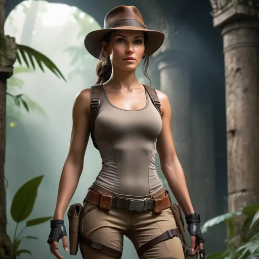 Prompt: Imagine a hyper-realistic, high-resolution image of a powerful woman from a distant future, channeling the essence of both Lara Croft and Indiana Jones. Aged 25 to 30, she possesses a sporty, narrow, and petite physique that exudes strength and agility. Her outfit blends iconic elements of both adventurers, reimagined for the future: a sleek, functional bodysuit that adapts to her movements, made from advanced materials, and equipped with integrated technology for exploration. Complementing her attire is a weathered, brown Fedora hat, a nod to Indiana Jones, which adds an air of ruggedness and mystery to her character. She is equipped with a utility belt and harness that include futuristic gadgets and tools essential for her explorations.

She stands at the entrance of ancient temple ruins, now overgrown and part of a lush, dense jungle. The ruins are illuminated by dappled sunlight filtering through the foliage, highlighting the intricate stone carvings and vegetation that have reclaimed the structures over millennia. This adventurer is poised and ready for action, her gaze determined and curious as she prepares to delve into the secrets of the past. The scene is meticulously rendered in hyper-realistic detail, emphasizing the textures of her suit, the patina on her hat, and the vibrant, mysterious environment around her.