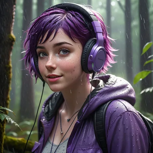 Prompt: Breathtakingly cute girl.with a curvy body, friendly and happy expression, pale freckles skin , purple hair, freckles, dimples, short messy hair, heavy rain, in forest, highres, ultra-detailed, realistic, cute, ultra detailed, purple hair, freckles. Wearing headphones. Listening to heavy metal music, pouring rain, wet, soft lighting