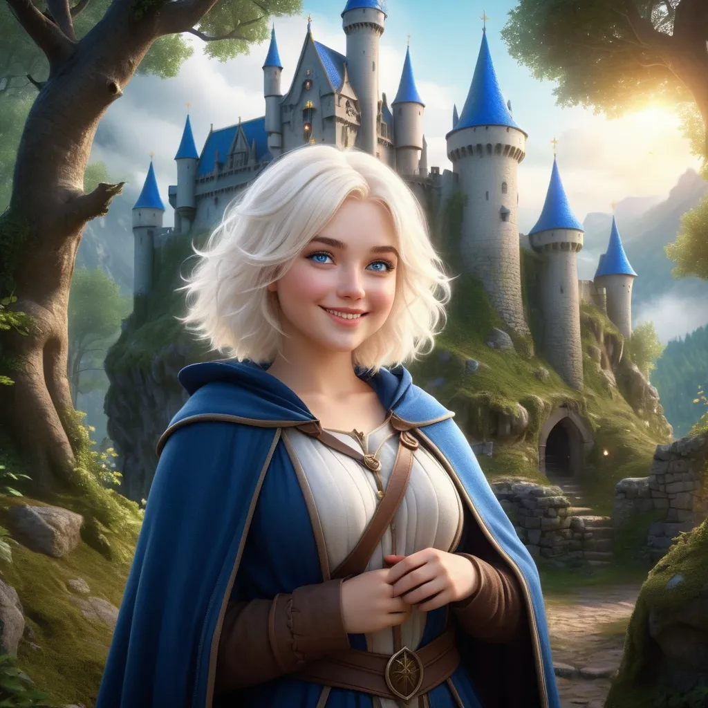 Prompt: realistic curvy  magical wizard woman, short Messy hair, bright white blonde hair, cute and friendly smile, blue eyes, standing tall in a mystical forest, dimples, freckles, shy, innocent, medieval castle in the background, highres, ultra-detailed, fantasy, magical, mystical forest, cute and friendly, detailed eyes, medieval castle, atmospheric lighting