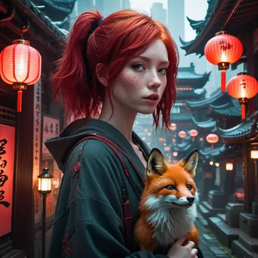 Prompt: A young woman with ruby red hair wandering through a mystical city which is a mix between ancient Japanese and cyberpunk. She has pale skin and freckles. She is accompanied by a small fox.