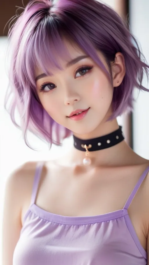 Prompt: Ultra-gorgeous and ultra-cute Japanese woman with short messy purple hair, dimples, pink lips, and very pale skin, slim figure, tiny flat chest, wearing a choker and a crop top, highres, detailed face, anime, cute, lovely, innocent, petite, sweet, pastel tones, soft lighting