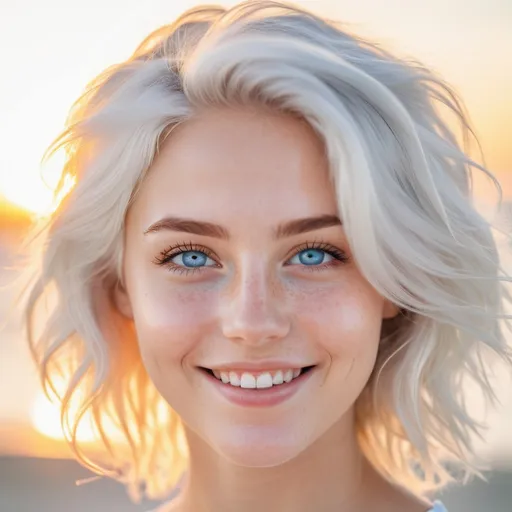 Prompt: Breathtakingly cute young woman, dreamy, eyes, sparkling blue eyes, bright white hair, pale, freckles, dimples, smiling, innocent, happy, at the beach, summer morning, sunrise, angelic aura, beach scene, angelic, adorable, high quality, bright lighting, detailed eyes, sunny, beach atmosphere, happy vibes, 