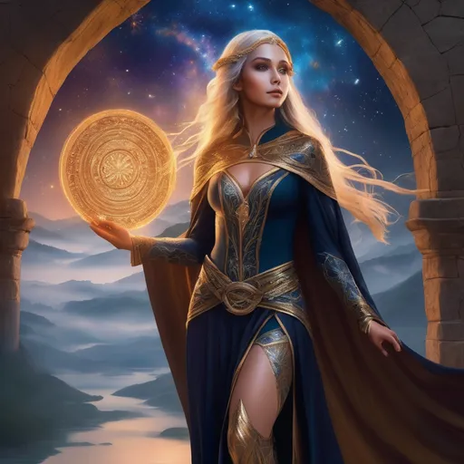 Prompt: In an ancient town where magic weaves through the air like threads of gold, a young Elf wizard moves with a grace that captivates the very essence of the arcane. Her body, a testament to elven beauty, is curvy and adorned not with fabric but with a magical bodypaint. This ethereal attire, a fusion of art and magic, clings to her pale skin, tracing every curve and contour with vibrant patterns that pulse with ancient power. The paint, alive with shifting runes and mystical symbols, celebrates her connection to the old magics, wrapping her in a garment of living enchantment.

Her hair, a wild cascade of short, black locks, frames a face that glows with an inner light. Freckles, like tiny constellations, dance across her pale skin, and her smile, bringing forth dimples, adds a warmth that contrasts her formidable presence. Over her shoulders, a cape as dark as the void mirrors the night sky, its fabric alive with the shimmer of distant stars, a cloak of celestial dominion.

Tight, thigh-high boots anchor her lithe form to the earth, symbolizing her balance between the mystical and the material world. This Elf wizard, in her skin-melded magical bodypaint and starlit cape, embodies the spirit of ancient magic. She is a bridge between worlds, her very presence a spellbinding tale of power, beauty, and the deep, untamed magic that courses through the veins of her ancient, whispering town.