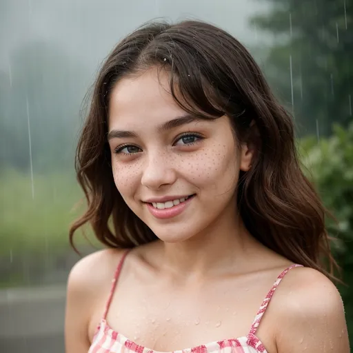 Prompt: Imagine a scene where the essence of summer is captured in a single, electrifying moment: a young girl, whose beauty transcends the mundane, stands amidst a gentle summer rain. Her hair, a vibrant shade of ruby, short and playfully unkempt, clings to her face and shoulders, soaked by the rain. Each raindrop traces a path down her skin, a testament to the purity and freshness of the moment. Freckles dot her cheeks like a constellation, and her dimples carve deep into her cheeks as she smiles, a smile so radiant it seems to rival the sun itself. This image of joy and serenity, set against the backdrop of a warm summer shower, captures a moment of blissful happiness, untouched and unfettered by the world around her. Her eyes sparkle with delight, and her presence is a vivid reminder of the beauty found in simplicity and the pure joy of living in the moment.