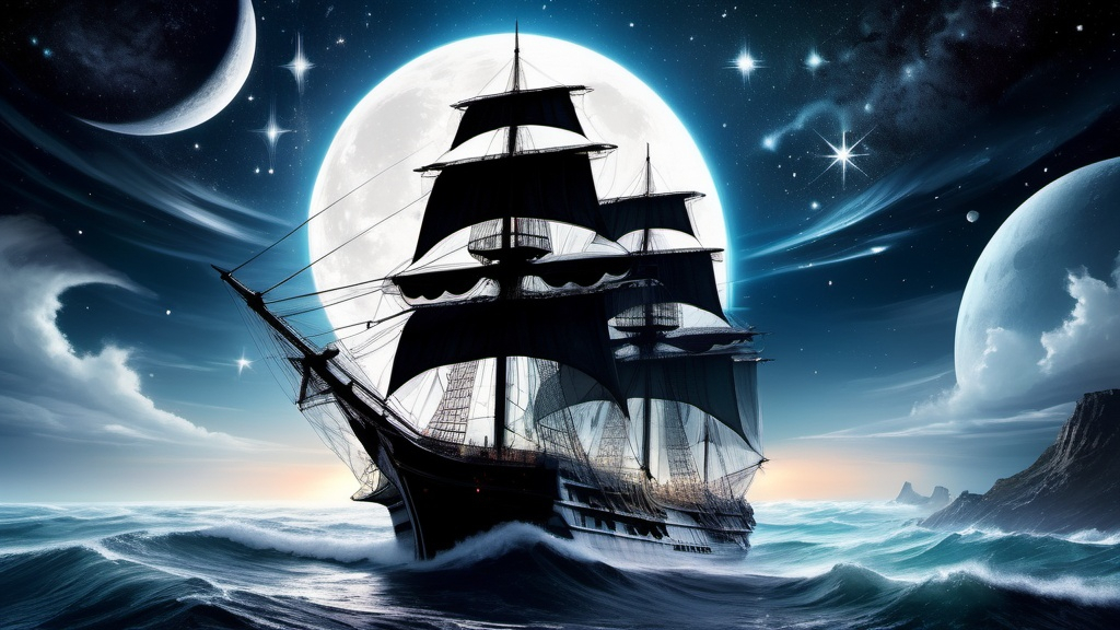 Prompt: Ancient sailing ship, tumultuous ocean waves, night sky, countless stars, full moon, silvery glow, Imperial Star Destroyer hovering, celestial tapestry, ethereal light, time collision, futuristic contrast, silent rendezvous, interstellar might, guardian from the stars, fantasy and reality merge, intertemporal encounter, spirit of adventure, cosmic sea.