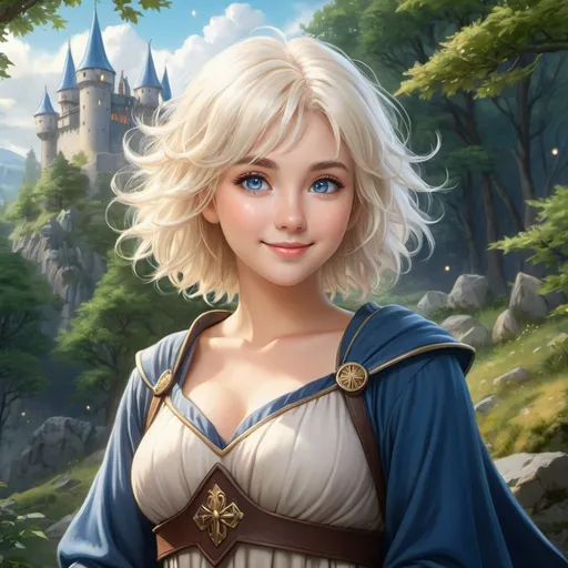 Prompt: Hyper realistic Anime illustration of a curvy  magical wizard woman, short Messy hair, bright white blonde hair, cute and friendly smile, blue eyes, standing tall in a mystical forest, dimples and freckles, shy, innocent, angelic aura, medieval castle in the background, highres, ultra-detailed, anime, fantasy, magical, mystical forest, cute and friendly, detailed eyes, medieval castle, atmospheric lighting