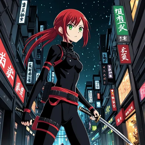 Prompt: Anime illustration of a Young Asian ninja woman, ruby red hair, green eyes, very skinny, narrow, slender, petite, wearing tight form-fitting a black catsuit, sneaking through an illuminated city center at midnight, armed with throwing stars and a katana, wearing a tactical utility belt