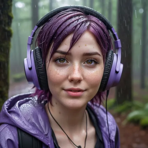Prompt: Breathtakingly cute girl.with a curvy body, friendly and happy expression, pale freckles skin , purple hair, freckles, dimples, short messy hair, heavy rain, in forest, highres, ultra-detailed, realistic, cute, ultra detailed, purple hair, freckles. Wearing headphones. Listening to heavy metal music, pouring rain, wet, soft lighting