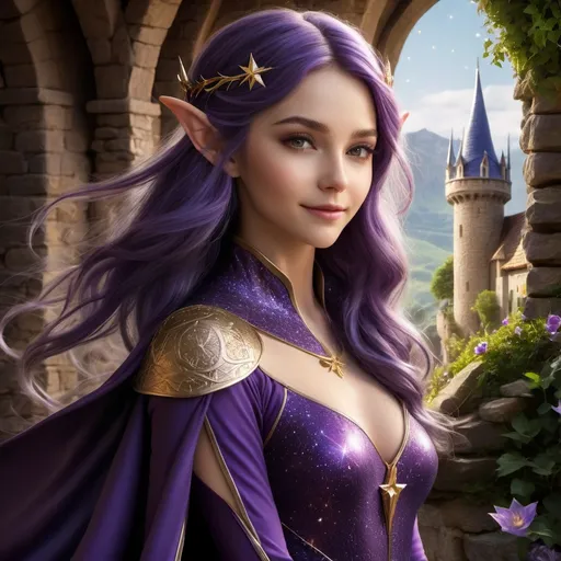 Prompt: In a secluded corner of a medieval fantasy village, where cobblestone streets lead to an imposing castle under the watchful gaze of ancient stars, there lives a young female Elf wizard. Her appearance is a delightful blend of contrasts: pale skin dotted with cute freckles and dimples that play at the corners of her lips with every mysterious smile. Her body, curvy and full, defies the traditional elven silhouette, adding to her unique charm.

Her hair, a vibrant shock of intense purple, cascades around her shoulders, setting her apart in a crowd and hinting at the potent magic that courses through her veins. This young elf is clad in a skintight leotard that hugs her form, a testament to her confidence and a symbol of her magical prowess. The leotard, enchanting in its simplicity, seems to be an extension of herself, moving with grace and fluidity.

Adorning her legs are tight thigh-high boots, perfectly fitted, that speak of adventure and the many paths she has trodden, both in this realm and beyond. They are not just footwear but a part of her story, each step resonating with the power of her spells and the depth of her knowledge.

Over her shoulders, a sparkling magical cape flows, capturing the luminescence of the cosmos. This cape, alive with the glow of countless stars, not only serves as a protective mantle but also as a beacon of her connection to the celestial energies, weaving the fabric of her spells with the threads of stardust.

Set against the backdrop of a quaint village with its medieval charm and the distant silhouette of a castle, this Elf wizard embarks on her journey. Her presence blends the mystique of ancient magics with the vibrancy of life, inviting those she meets to glimpse a world where magic is as real as the ground underfoot and as mysterious as the smile that plays upon her lips.