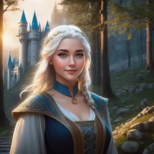 Prompt: realistic curvy  magical wizard woman, short Messy hair, bright white blonde hair, cute and friendly smile, blue eyes, standing tall in a mystical forest, dimples, freckles, shy, innocent, medieval castle in the background, highres, ultra-detailed, fantasy, magical, mystical forest, cute and friendly, detailed eyes, medieval castle, atmospheric lighting