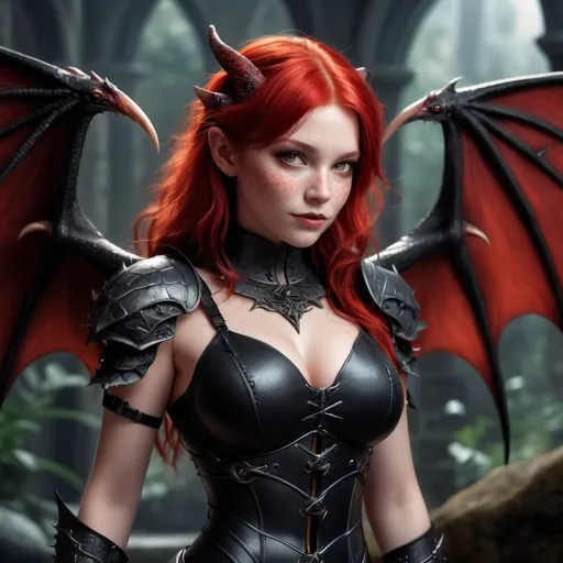 Prompt: Full body image. gorgeous young curvy dragonborn woman with red hair in a fantasy scene, small fangs smile, (gothic:1.5), (dark fantasy:1.5), (science fiction:1.5), wearing a form-fitting revealing bodysuit, little red dragon wings, she has dimples and freckles. Her expression is  mysterious, curious and also cute and friendly. Armed with two swords. Highres, masterpiece, detailed face, detailed eyes, detailed hair, detailed body, ultra detailed, deep color, high contrast, beautifully shot, cinematic, a masterpiece, atmospheric, (sharp focus:1.2), perfect composition, photorealistic, intricate details, HDR, photorealistic