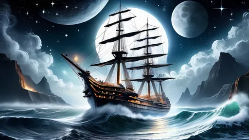 Prompt: Ancient sailing ship, tumultuous ocean waves, night sky, countless stars, full moon, silvery glow, Imperial Star Destroyer hovering, celestial tapestry, ethereal light, time collision, futuristic contrast, silent rendezvous, interstellar might, guardian from the stars, fantasy and reality merge, intertemporal encounter, spirit of adventure, cosmic sea.