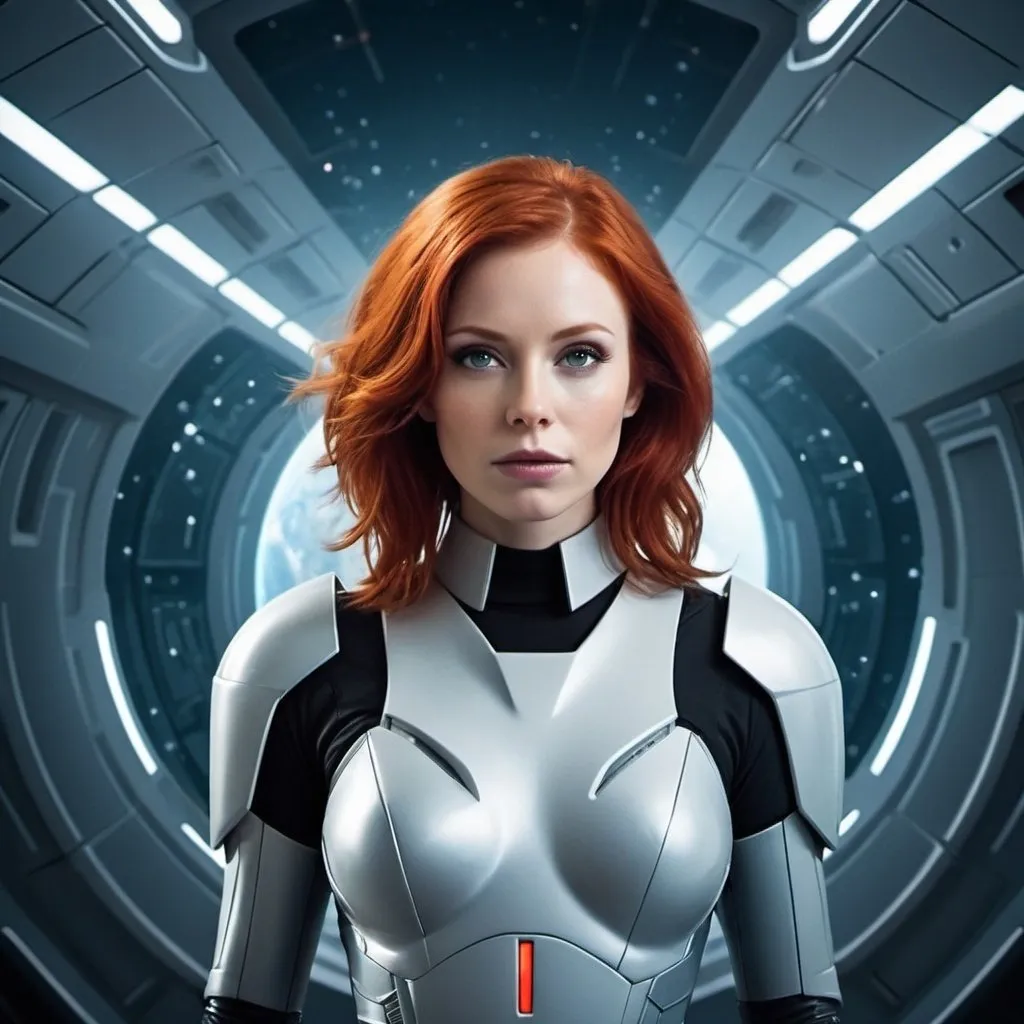 Prompt: A sci-fi movie poster, futuristic background, redhead woman, Battlestar Galactica style