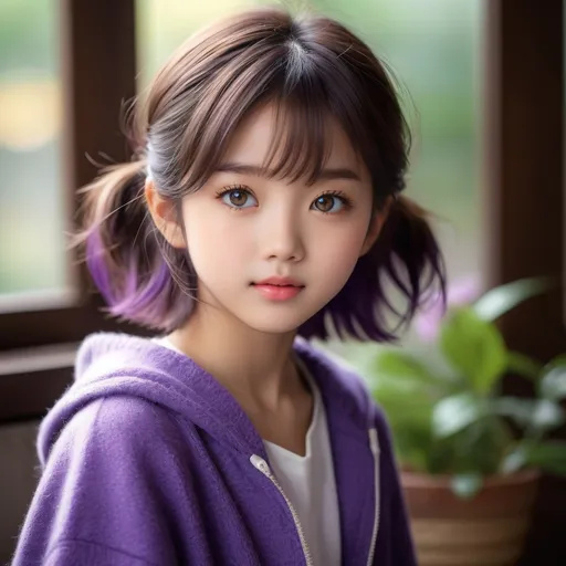 Prompt: Craft a high-resolution, photorealistic portrait of a breathtakingly cute, petite, and sweet Japanese teenage girl, exuding an aura of curiosity, innocence, and angelic loveliness. Her short, messy hair is a captivating mix of purple and violet shades, adding a touch of whimsical charm. Her eyes are a warm brown, reflecting a soulful depth that invites comfort and warmth. Her lips are soft and full, enhancing her gentle expression. This girl's presence embodies a cozy, comforting essence, as if her very being could make one forget all the darkness in the world. Her angelic aura and the pure, innocent curiosity in her gaze should radiate a sense of peace and happiness, warming the heart of anyone who looks upon her. This portrait should not just capture her physical beauty but also the intangible, heartwarming quality that makes her truly unforgettable