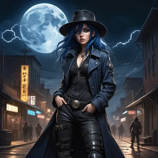 Prompt: Anime illustration of A mysterious woman with navy blue hair on a cyberpunk and steam punk scene. She is wearing a black fedora hat, a long black leather trenchcoat with a marshal star,  blue with black t-shirt, black cargo pants and black tactical boots. She is armed with a warhammer. Empty western town at midnight with lightnings striking down around her, dramatic lighting, full moon. Highres, masterpiece, detailed face, detailed hair, detailed eyes, detailed body.