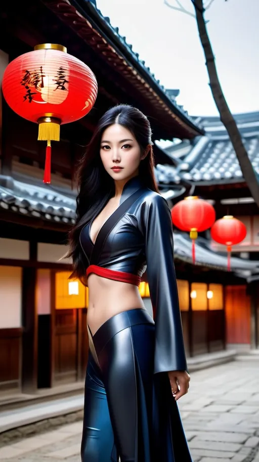Prompt: Imagine a full-body depiction of a young Japanese warrior, a vision of futuristic might and elegance, set against the serene and timeless backdrop of an ancient Japanese town. She stands confidently in the center, a stark embodiment of the future, her attire a skintight matte black catsuit complemented by dark gray armor plates that boast both advanced design and functionality. These futuristic plates are subtly illuminated with pulsating blue and red lights, creating a captivating contrast against the historical setting. The ancient town behind her, with its traditional wooden buildings, narrow streets, and the soft glow of hanging lanterns, serves as a silent witness to the ages. This juxtaposition of the old world and the new is striking—her modern, almost alien appearance is set off by the tranquil beauty of the town, with its rich history and architectural heritage. Her black hair and the traditional Katana in her hands bridge these two worlds, symbolizing a connection to her roots while embracing the advancements of the future. The image captures a moment where past and future coexist, highlighting her as a protector of both time-honored traditions and the untold possibilities of the times to come
