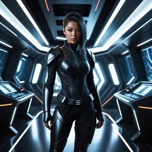 Prompt: Create a high-resolution, detailed digital painting of a young female cyborg ninja set in a futuristic science fiction environment. She is aboard a sleek and advanced starship, standing confidently in a dimly lit corridor. Her attire is form-fitting, designed exclusively in various shades of black, such as matte black, sparkling black, and jet black, which blend traditional ninja elements with futuristic, cybernetic enhancements. These shades should create a nuanced, monochromatic look that emphasizes the outfit's texture and the character's silhouette against the ambient lighting. Visible cybernetic enhancements include glowing eyes and mechanical limbs, highlighting her human and cybernetic nature. This scene captures a sense of mystery and power, with detailed hair, realistic facial features, and professional detail in the eyes, fabric texture, and ambient starship lighting. Ensure no color palette appears in the image.