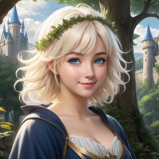 Prompt: Hyper realistic Anime illustration of a curvy  magical wizard woman, short Messy hair, bright white blonde hair, cute and friendly smile, blue eyes, standing tall in a mystical forest, dimples and freckles, shy, innocent, angelic aura, medieval castle in the background, highres, ultra-detailed, anime, fantasy, magical, mystical forest, cute and friendly, detailed eyes, shy and innocent, angelic aura, medieval castle, atmospheric lighting