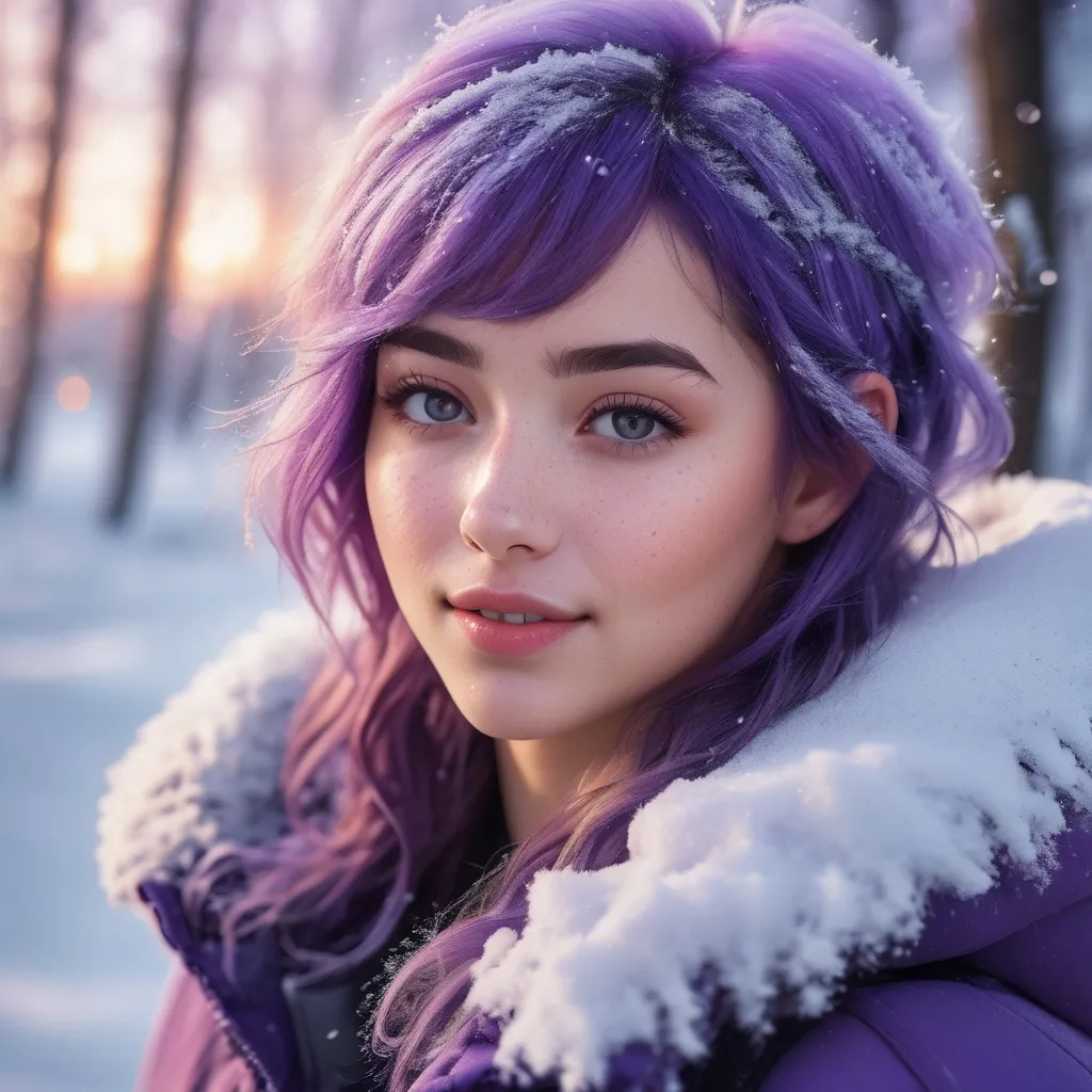 Prompt: Breathtakingly cute girl.with a curvy body, friendly and happy expression, ice-cold white skin, purple hair, freckles, dimples, short messy hair, cold winter morning, highres, ultra-detailed, realistic, cute, ultra detailed, purple hair, freckles, cold winter morning, snow storm, soft lighting