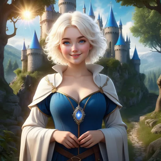 Prompt: realistic curvy  magical wizard woman, short Messy hair, bright white blonde hair, cute and friendly smile, blue eyes, standing tall in a mystical forest, dimples and freckles, shy, innocent, angelic aura, medieval castle in the background, highres, ultra-detailed, fantasy, magical, mystical forest, cute and friendly, detailed eyes, medieval castle, atmospheric lighting