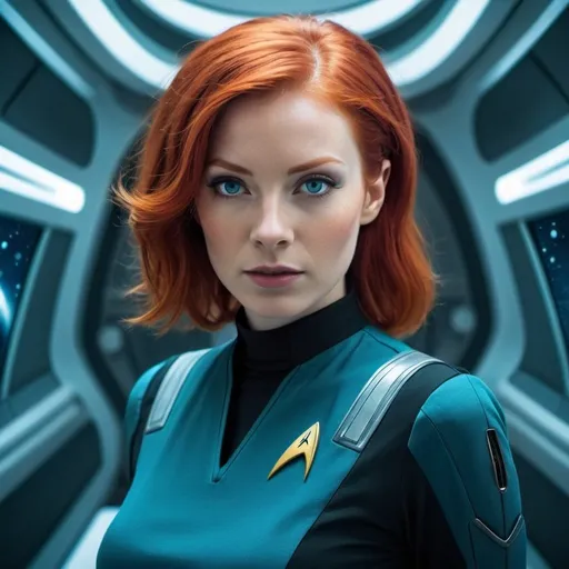 Prompt: A sci-fi movie poster, futuristic background, redhead woman, Star Trek style
